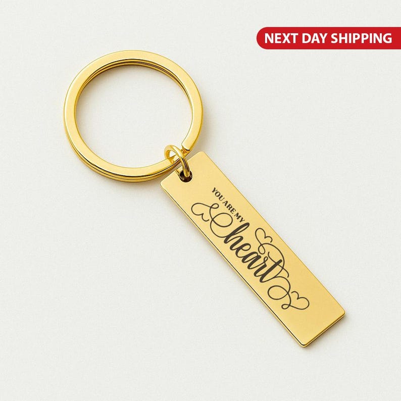Personalized Gold Keychain, Engraved Stainless Steel Keyring, Custom Romantic Keepsake Gift for Couples, Mom Present Handmade Keyring