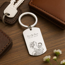 Personalised photo keychain with engraved sketch design
