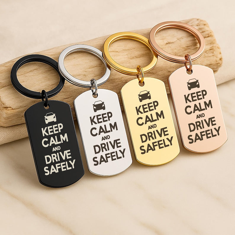 "Keep Calm and Drive Safely" Mirror Keychain