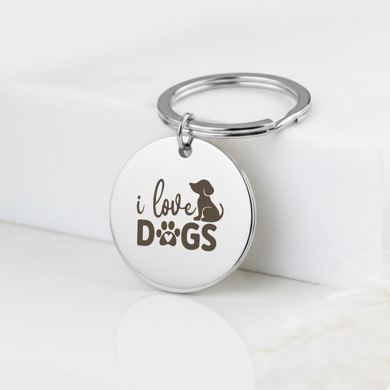 "I Love Dogs" Gold Keychain, Custom Pet Name Engraved
