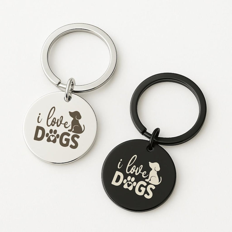 "I Love Dogs" Gold Keychain, Custom Pet Name Engraved