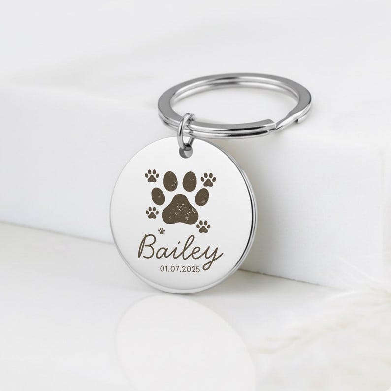 Pet Paw Print Name Keychain, Engraved Memorial Charm