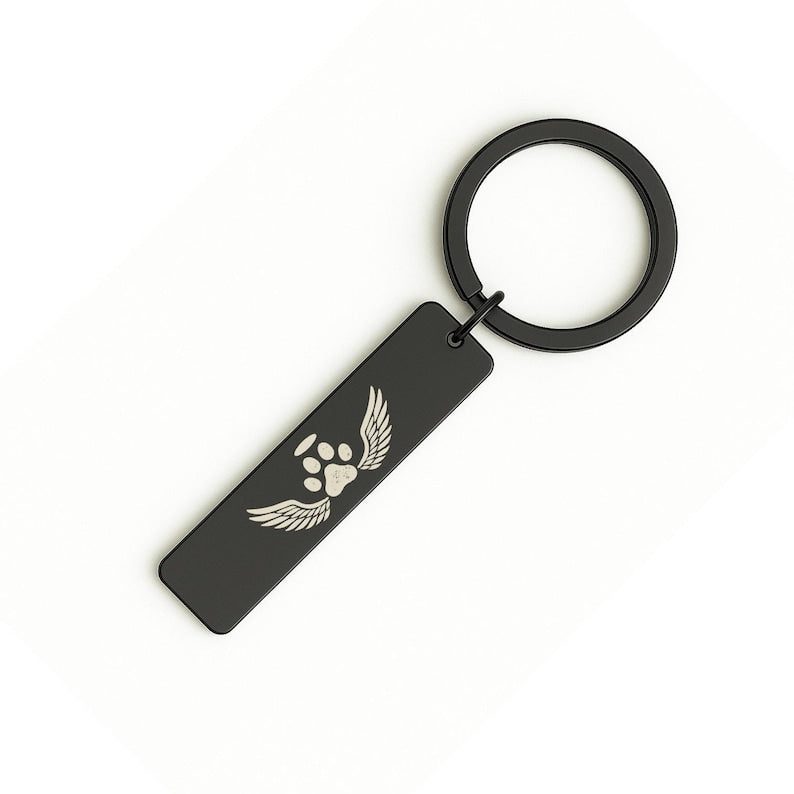 Pet Memorial Paw Print Keychain, Engraved Angel Wings Gift