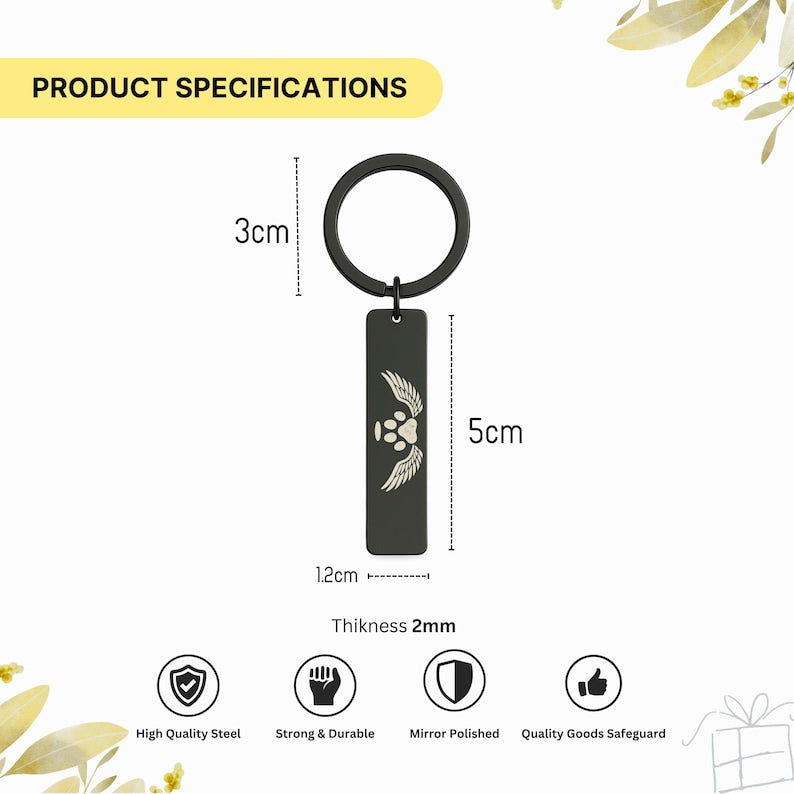 Pet Memorial Paw Print Keychain, Engraved Angel Wings Gift