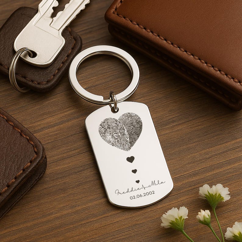 Couple Fingerprint Keychain, Custom Engraved Gift