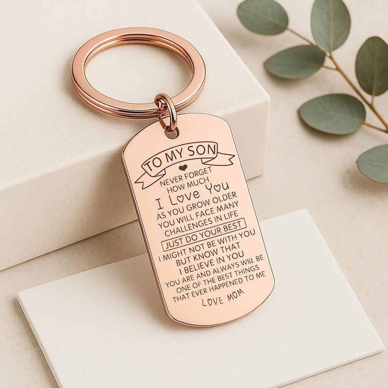Personalised “To My Son” Keychain from Mom, Custom Engraved Quote Birthday/Christmas Gift, Stainless Steel Keepsake Mirror Polished Pendant