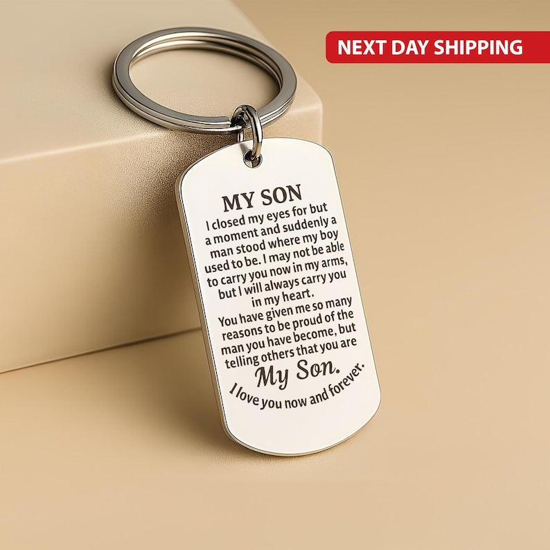 Personalised “To My Son” Engraved Keychain, Heartfelt Birthday or Christmas Gift, Inspirational Quote Keepsake, Stainless Steel Keyring