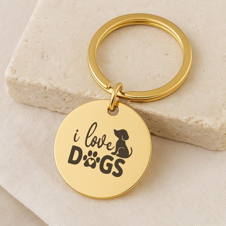 "I Love Dogs" Gold Keychain, Custom Pet Name Engraved
