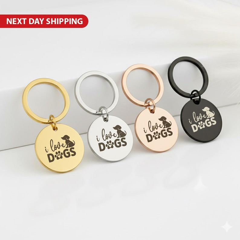 "I Love Dogs" Gold Keychain, Custom Pet Name Engraved