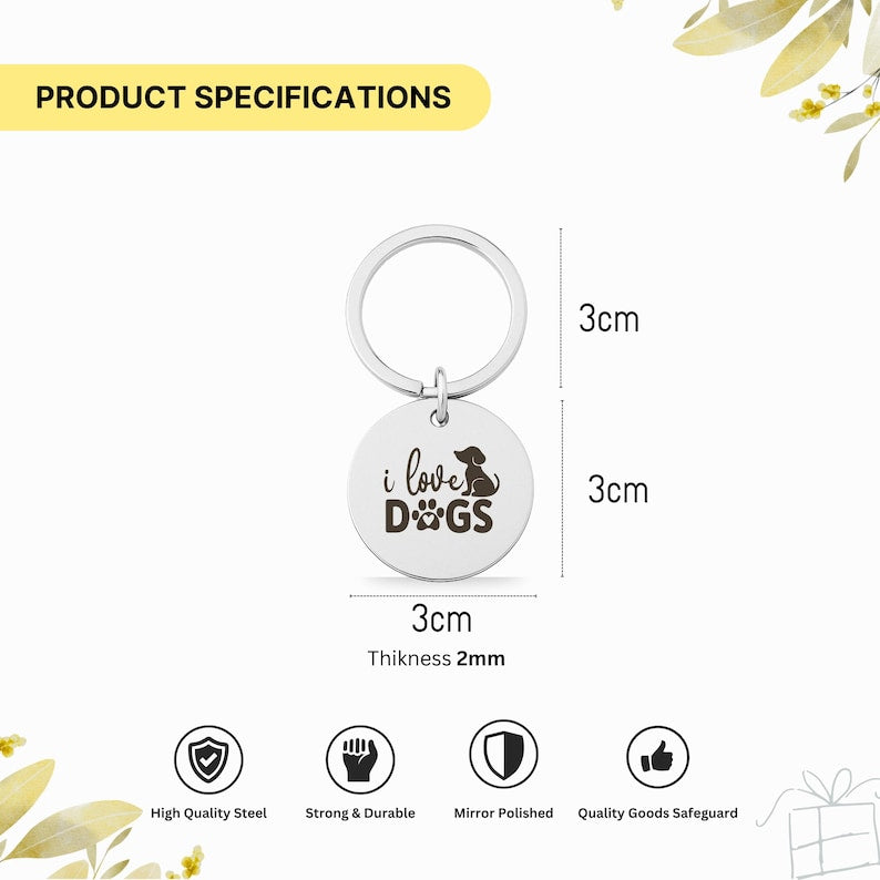 "I Love Dogs" Gold Keychain, Custom Pet Name Engraved