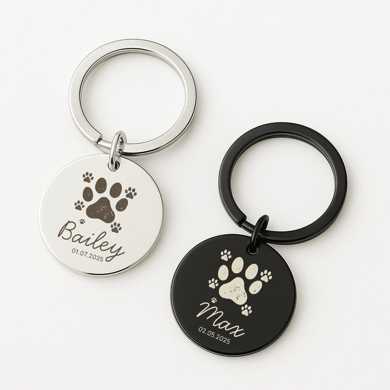 Pet Paw Print Name Keychain, Engraved Memorial Charm