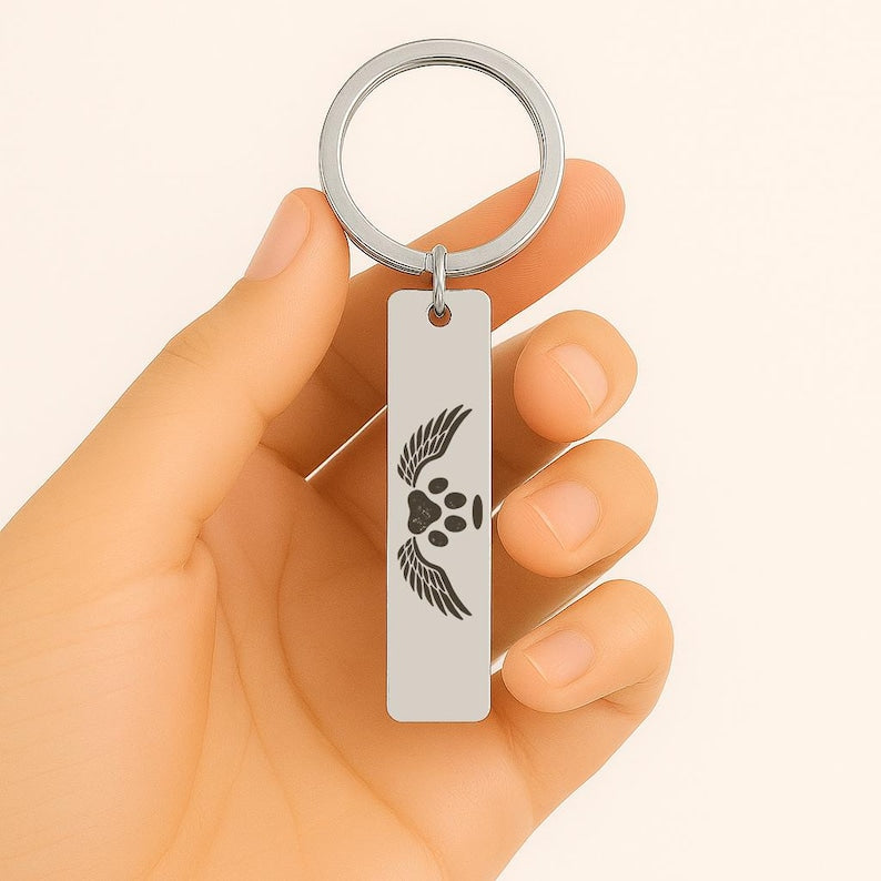 Pet Memorial Paw Print Keychain, Engraved Angel Wings Gift