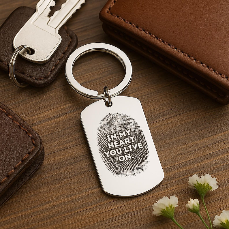 Fingerprint Memorial Keychain, Engraved Remembrance Gift