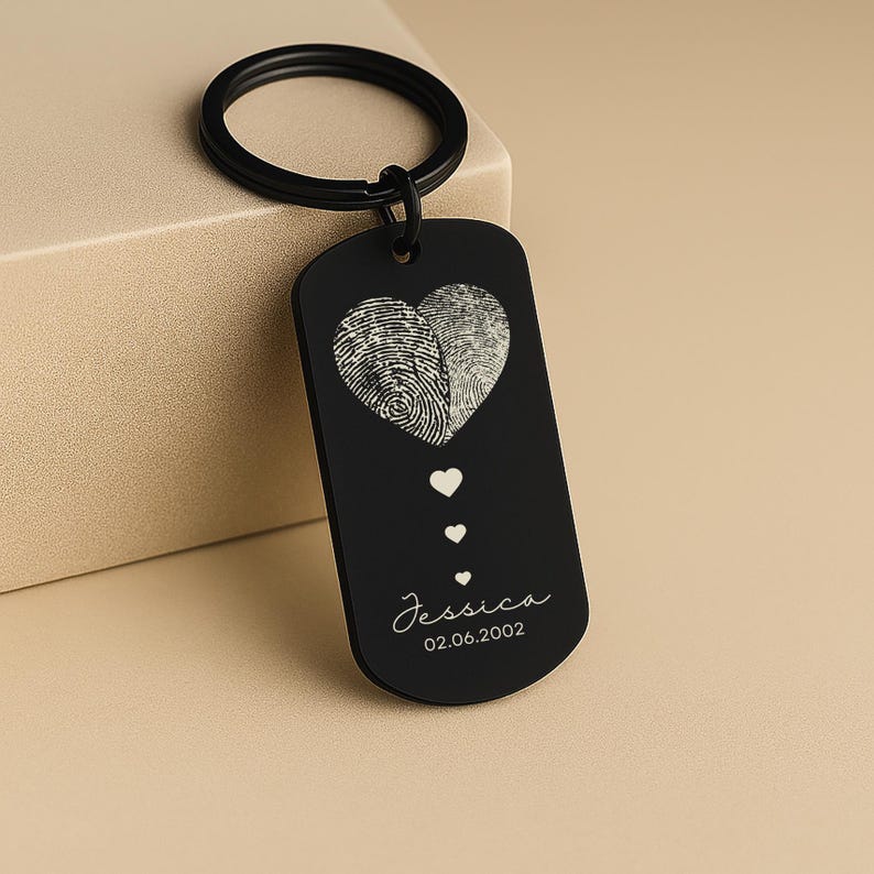 Couple Fingerprint Keychain, Custom Engraved Gift