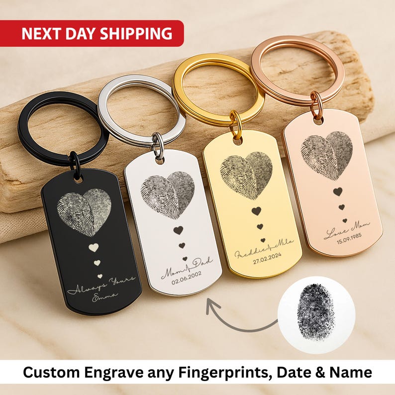 Couple Fingerprint Keychain, Custom Engraved Gift