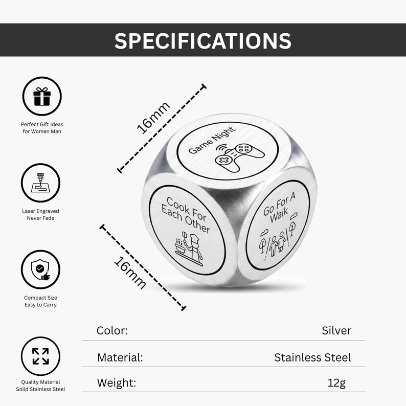 Pack of 5 Couple Dice Set, Christmas Stocking Stuffer Gift, Fun Activity & Decision Dice for Romantic Game Night, Aluminium Engraved Dice