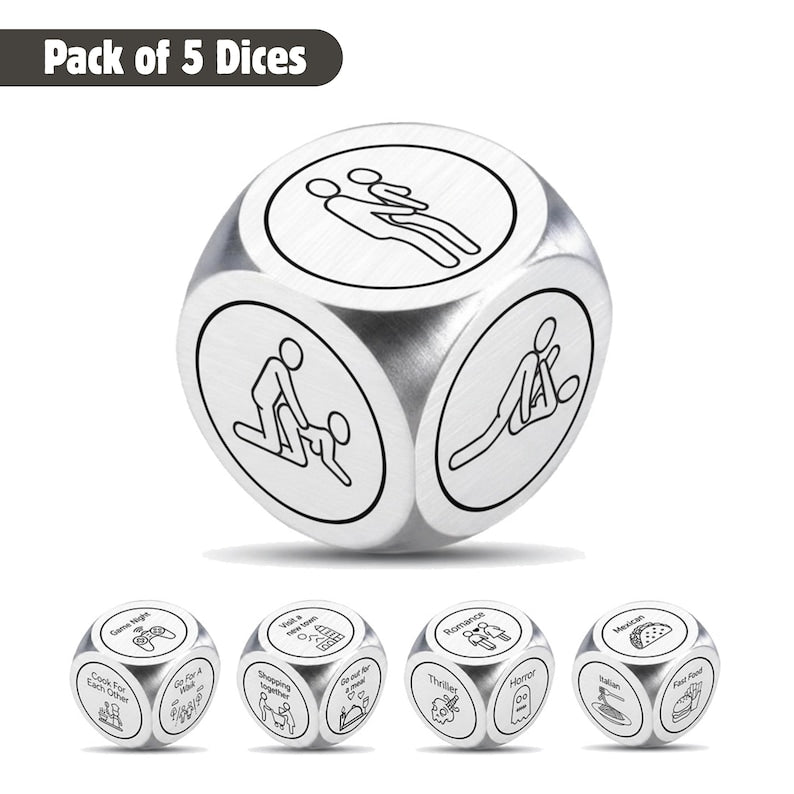 Pack of 5 Couple Dice Set, Christmas Stocking Stuffer Gift, Fun Activity & Decision Dice for Romantic Game Night, Aluminium Engraved Dice