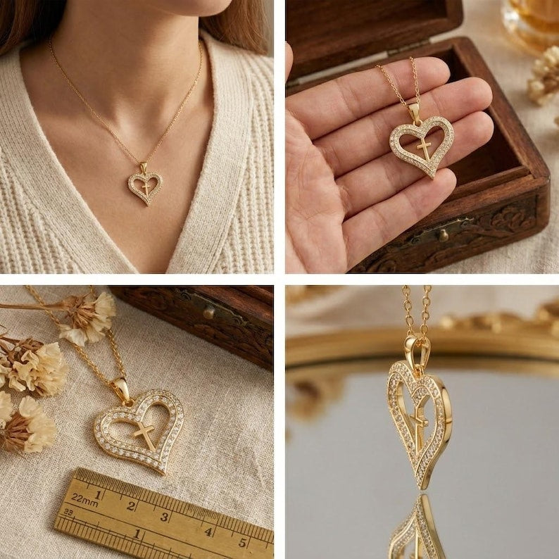 Gold "Crystal Heart Cross" Religious Necklace