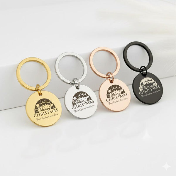 Custom Christmas Name Keychain, Merry Christmas Engraved Keyring, Santa Sleigh Winter Scene Stocking Stuffer, Personalised Holiday Keyring