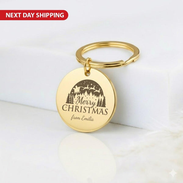 Custom Christmas Name Keychain, Merry Christmas Engraved Keyring, Santa Sleigh Winter Scene Stocking Stuffer, Personalised Holiday Keyring