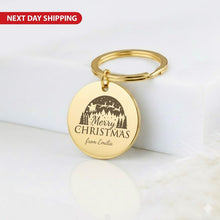 Custom Christmas Name Keychain, Merry Christmas Engraved Keyring, Santa Sleigh Winter Scene Stocking Stuffer, Personalised Holiday Keyring