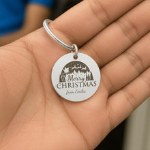 Custom Christmas Name Keychain, Merry Christmas Engraved Keyring, Santa Sleigh Winter Scene Stocking Stuffer, Personalised Holiday Keyring