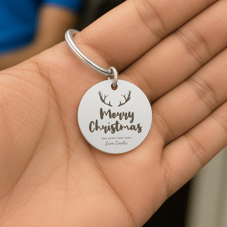 Merry Christmas Personalised Keychain, Engraved Reindeer Gift