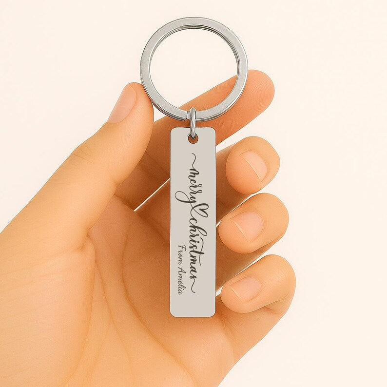Personalised Christmas Keychain, Engraved Name Bar Gift