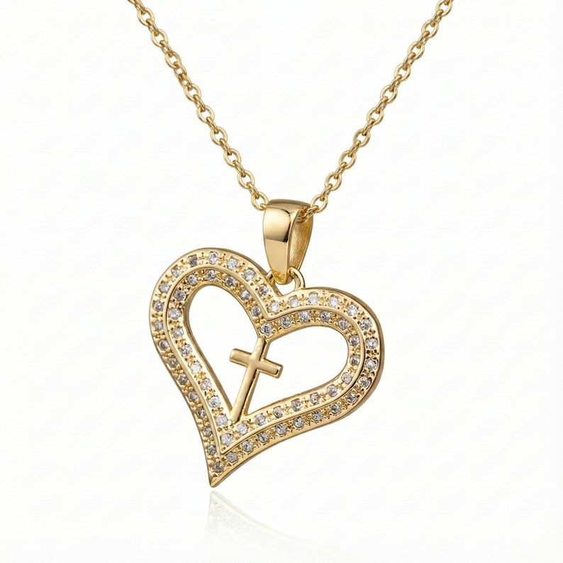 Gold "Crystal Heart Cross" Religious Necklace