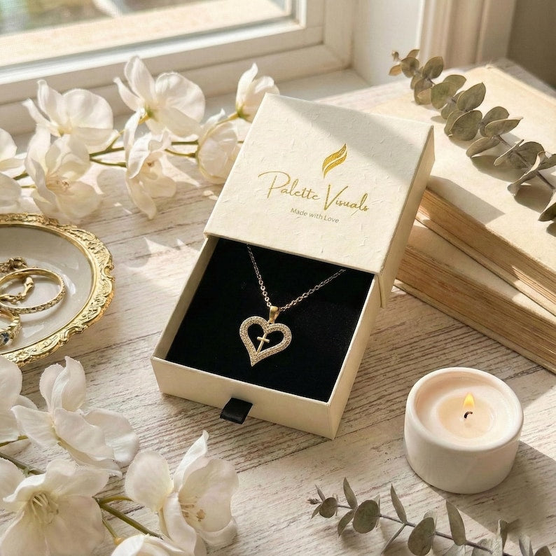 Gold "Crystal Heart Cross" Religious Necklace