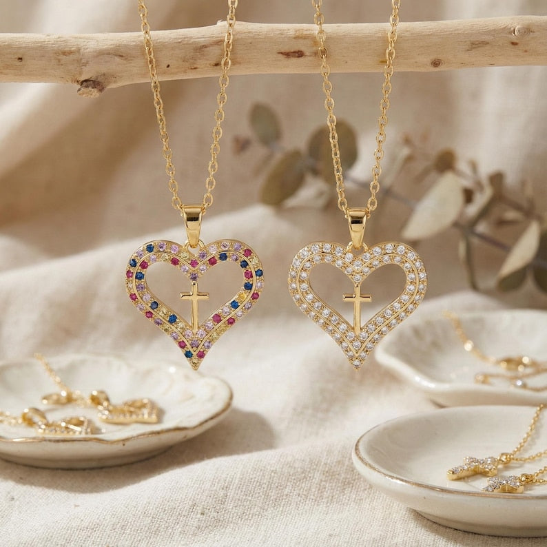 Gold "Crystal Heart Cross" Religious Necklace