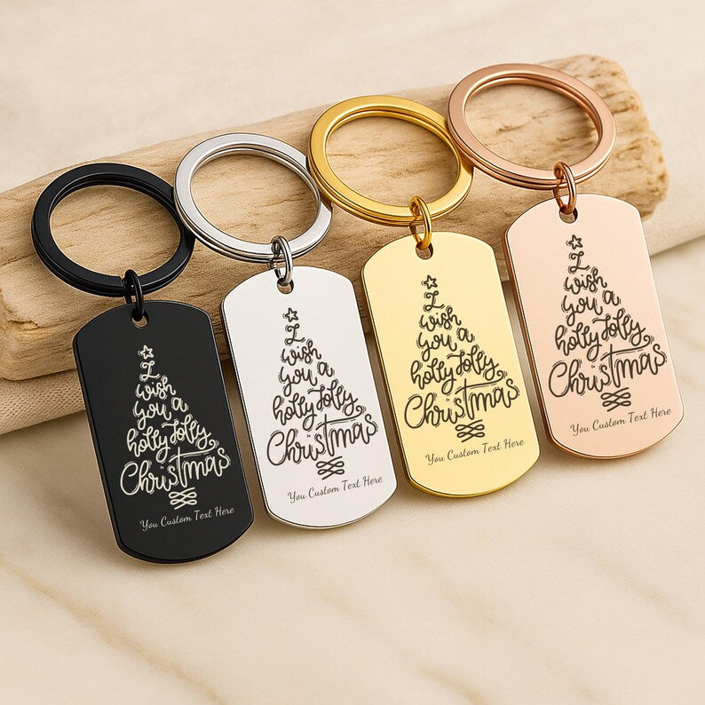 Holly Jolly Christmas Keychain, Engraved Xmas Tree Gift