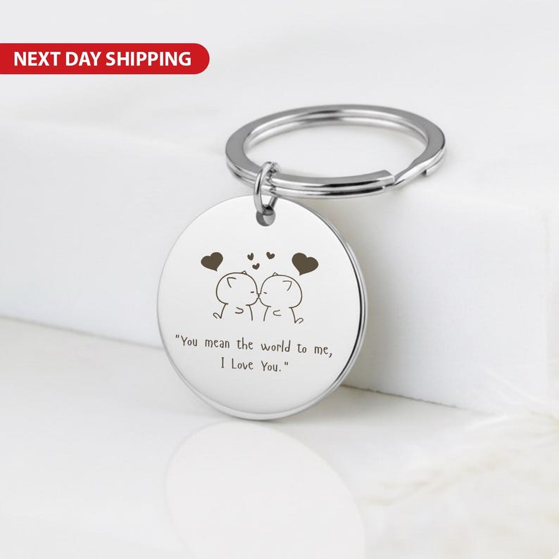 Personalised Stainless Steel Keychain You Mean the World to Me I Love You Keytag, Custom Photo Sketch Gift, Engraved Couple Keepsake Keyring