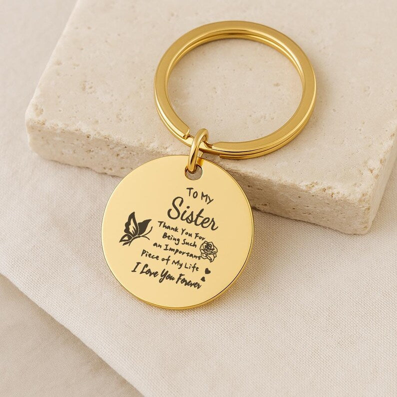 Personalised Stainless Steel Sister Keychain, To My Sister I Love You Forever Gift, Custom Photo Engraved Keyring, Birthday Keepsake Charm