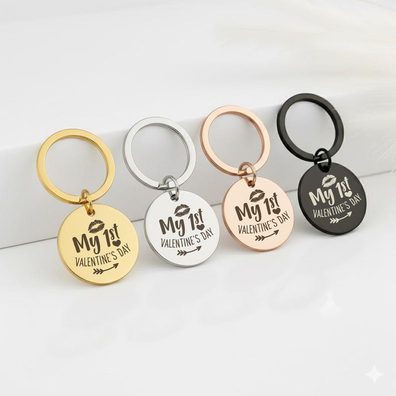 Personalised Stainless Steel Keychain, My 1st Valentine’s Day Gift, Custom Photo Sketch & Text Keyring, Engraved Keepsake for Him or Her