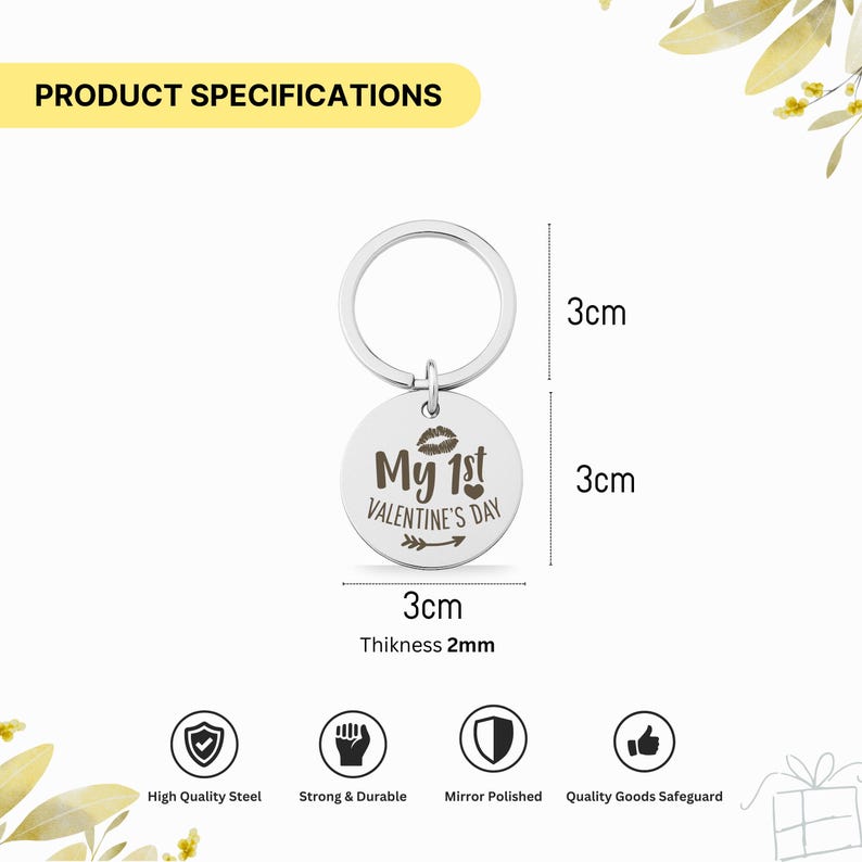 Personalised Stainless Steel Keychain, My 1st Valentine’s Day Gift, Custom Photo Sketch & Text Keyring, Engraved Keepsake for Him or Her