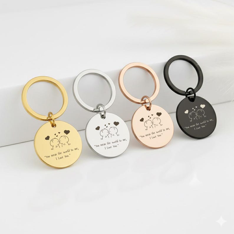 Personalised Stainless Steel Keychain You Mean the World to Me I Love You Keytag, Custom Photo Sketch Gift, Engraved Couple Keepsake Keyring