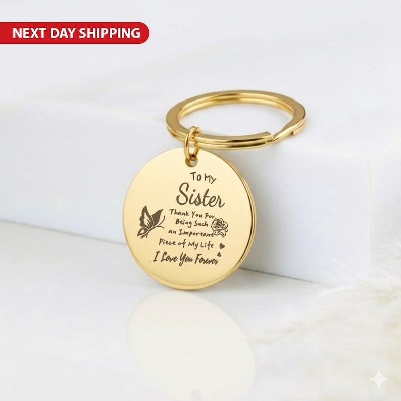 Personalised Stainless Steel Sister Keychain, To My Sister I Love You Forever Gift, Custom Photo Engraved Keyring, Birthday Keepsake Charm