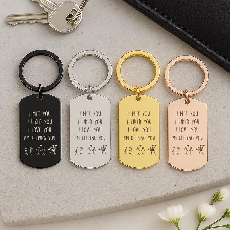 Personalised Stainless Steel Keychain, “I Met You, I Liked You, I Love You, I’m Keeping You” Engraved Gift, Custom Photo & Text Keepsake