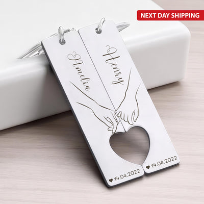Engraved Heart Puzzle Keychain Set for Couples, Custom Stainless Steel Interlocking Keyrings, Romantic Keychain Gift for Anniversary
