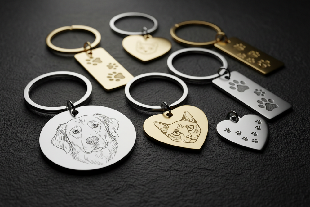 pet lover keychain collection image for engraving keychains, pet image engrave on keycahins, pet footprint, with dark color background