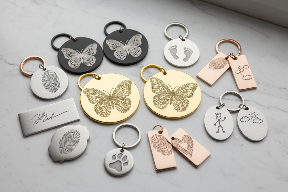 remove butterfly and add butterfly shape fingerprint on keychain and also add gold and black color keychains